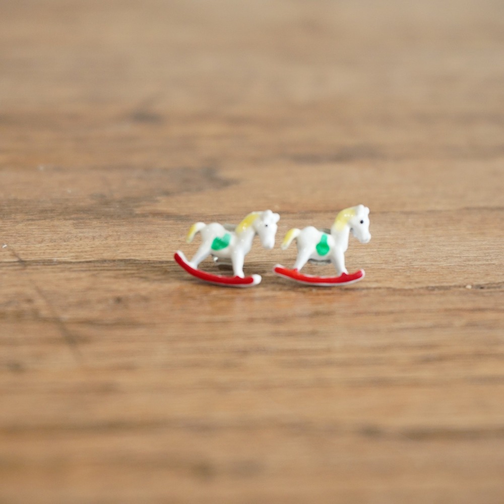 Vintage‎ Rocking Horse Mini Stud Earrings White Red Green Whimsical Toy Jewelry